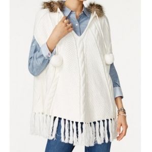Tommy hilfiger white ivory one size winter knit poncho with fur trim hood